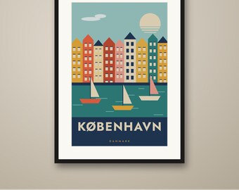 Copenhagen Travel Poster, Mid Century Retro City Print, Vintage Style Wall Art, Printable, Instant Download, 8 Sizes
