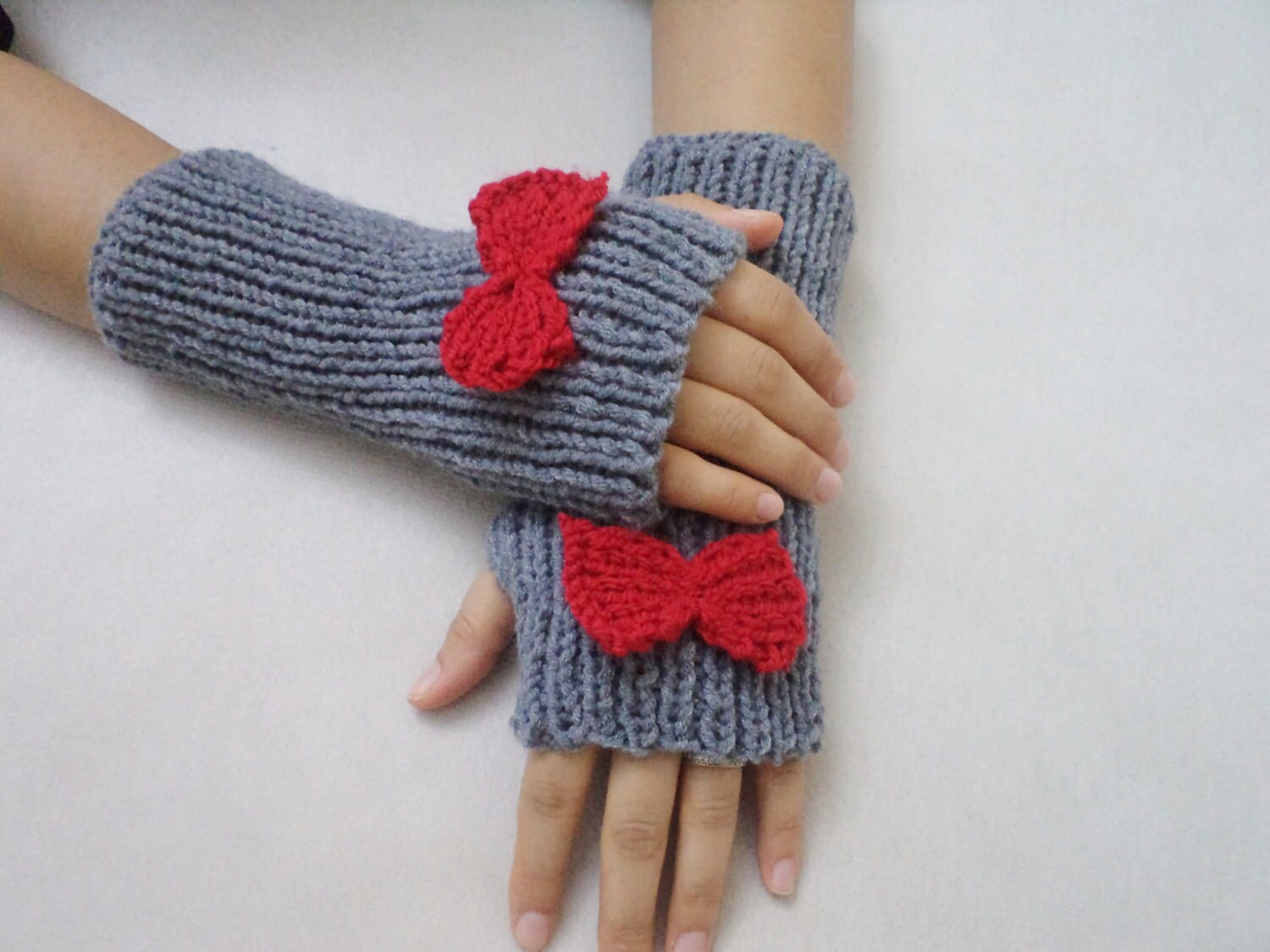 Cute Bow Gloves Knit Fingerless Gloves Grey Glove Winter Etsy