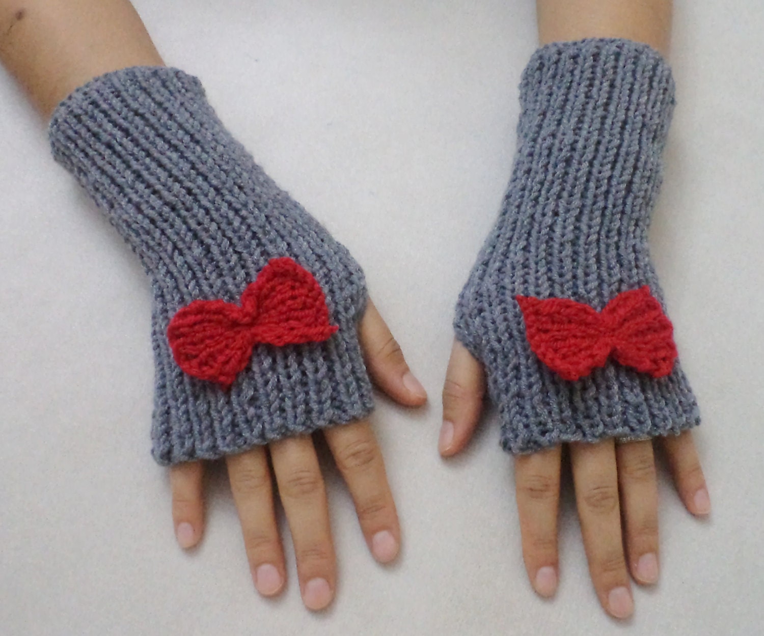 Cute Bow Gloves Knit Fingerless Gloves Grey Glove Winter Etsy
