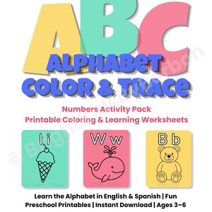May include: An educational activity pack titled ABC ALPHABET COLOR & TRACE. The design features large pastel letters, text for numbers activity, and printable worksheets. Three colorful squares show an ice cream, a whale, and a bear.