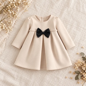 May include: A long-sleeved beige dress featuring a round neckline and a prominent black bow centred at the chest. The garment has a structured bodice with a pleated skirt that flares outward, creating a clean and simple silhouette.