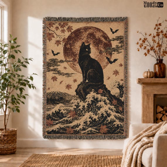 Black Cat Halloween Blanket, Woven Cotton Throw or Sherpa Fleece, Red Moon Bat Japanese Wave Art, Witchy Autumn Home Decor