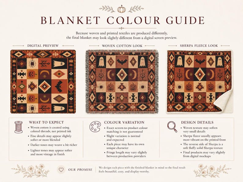 以下が含まれることがあります： 「BLANKET COLOUR GUIDE」と題されたブランケットの色見本ガイド。デジタルプレビュー、織物コットン風、シェルパフリース風の3つの正方形の画像が並んでいます。デザインには、オレンジ、黒、クリーム色で描かれた幽霊、カボチャ、コウモリ、月、幾何学模様のグリッドが含まれています。テキストでは、織物とシェルパ素材の製造上の違い、色のバリエーション、デザインの詳細について説明しています。