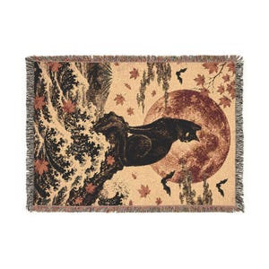 Black Cat Japanese Wave Art Blanket, Woven Cotton or Sherpa Fleece, Autumn Witchy Decor 画像 11