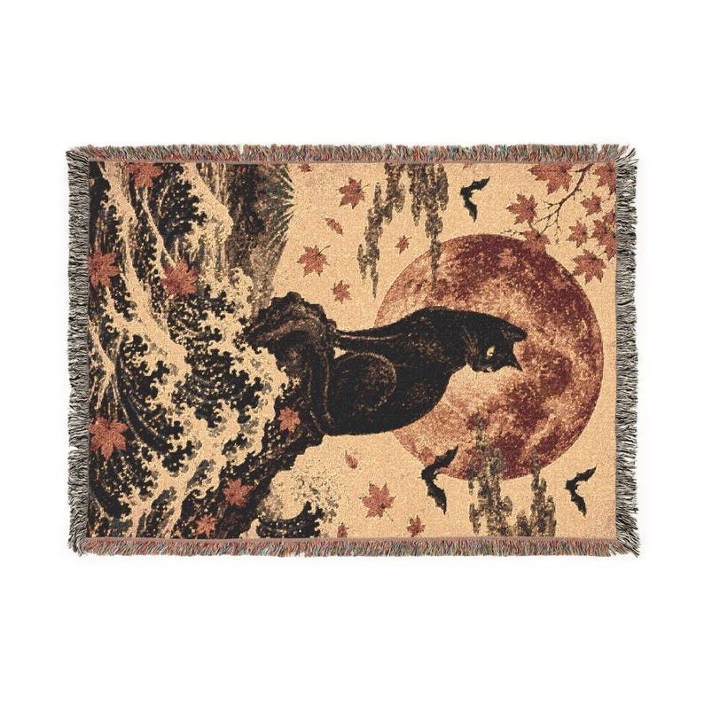 Black Cat Japanese Wave Art Blanket, Woven Cotton or Sherpa Fleece, Autumn Witchy Decor 画像 11
