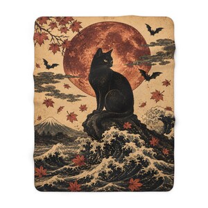 Black Cat Japanese Wave Art Blanket, Woven Cotton or Sherpa Fleece, Autumn Witchy Decor 画像 12