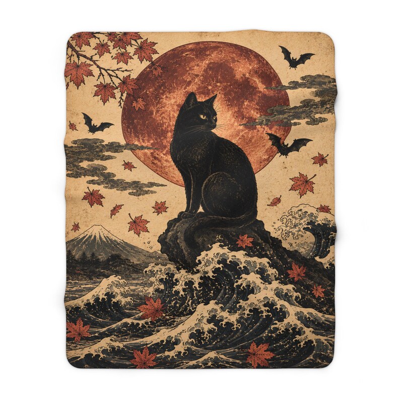 Black Cat Japanese Wave Art Blanket, Woven Cotton or Sherpa Fleece, Autumn Witchy Decor 画像 12