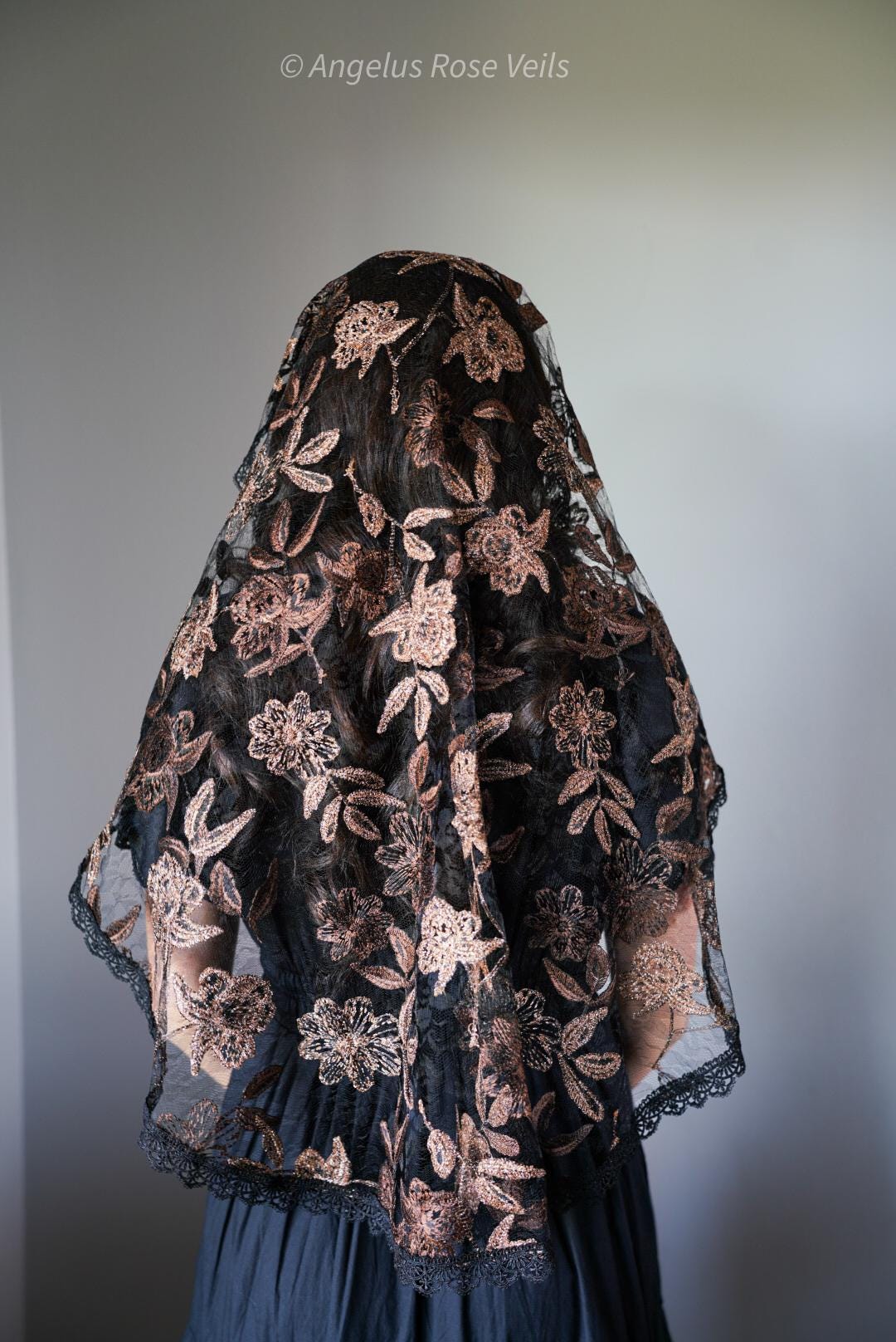 Autumn Grace Princess Style Veil Black Chapel Veil Bronze Floral Lace Mantilla Catholic Head Covering