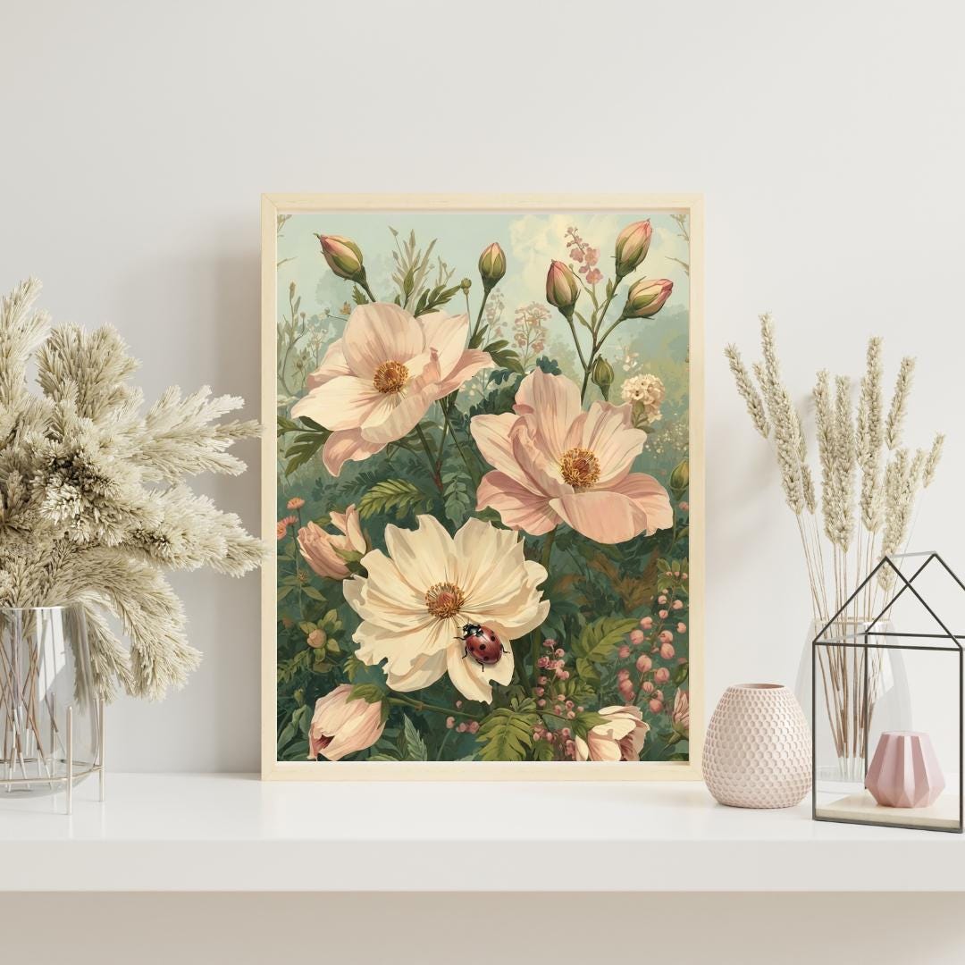 Ladybug Cottage Garden Wall Art | Vintage Floral Nursery Print ...