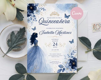 May include: A rectangular Quinceañera invitation card featuring a watercolor blue floral design, a gold crown illustration, and a silhouette of a person in a ballgown. The text reads: Please join us for a Quinceañera, Isabella Martinez, August 24, 2024.