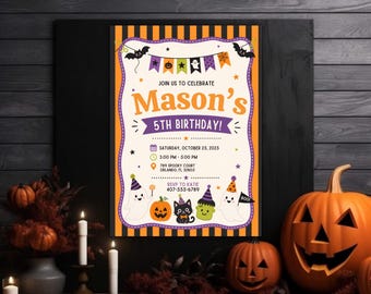 Halloween Birthday Party Invitation, Kids Spooky Birthday Invite, Editable Canva Halloween Birthday Template