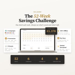 May include: A digital 52-Week Savings Challenge tracker displayed on a laptop screen. The interface features a weekly grid, progress metrics, and a total of €1,378. Includes icons for 6 languages, 4 currencies, 3 presets, offline access, one-time payment, and instant download.