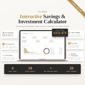 Op de afbeelding: Een digitale interactieve spaar- en investeringscalculator op een laptopscherm. De interface toont financiële gegevens, grafieken en een totaal vermogen van €151.474. De tekst benadrukt functies zoals 6 talen, 4 valuta's en 100% offline gebruik.