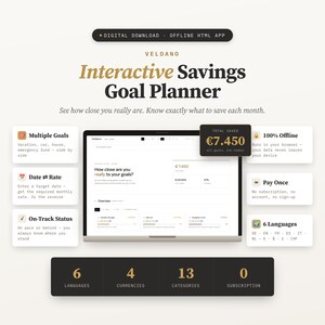 May include: A digital interactive savings goal planner displayed on a laptop screen. The interface shows financial data, including a total saved amount of €7,450. Surrounding text boxes highlight features like multiple goals, offline access, and currency support.