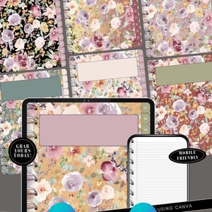 May include: Floral-patterned planner and digital tablet with a lined page. The planner features a spiral binding and various floral designs in shades of pink, purple, and yellow. The tablet displays a blank, lined page. Text includes "Grab Yours Today!" and "Mobile Friendly."