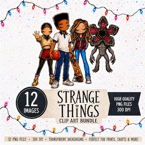 Puede incluir: Un paquete de imágenes prediseñadas digitales con personajes de la serie "Stranger Things". La imagen incluye ilustraciones de los personajes principales, un Demogorgon y el texto "Strange Things Clip Art Bundle". La imagen también incluye el texto "12 Images" y "High Quality PNG Files 300 DPI."