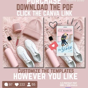 May include: A digital template advertisement featuring a pink beanie, white sneakers, a pink water bottle, a smartwatch, and a lipstick. The right side displays a book cover titled The Score by Elle Kennedy. Text includes PURCHASE DOWNLOAD THE PDF.