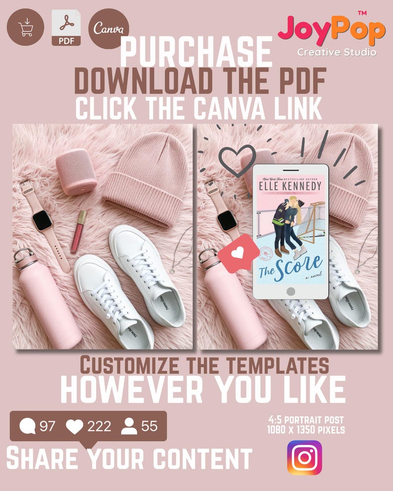May include: A digital template advertisement featuring a pink beanie, white sneakers, a pink water bottle, a smartwatch, and a lipstick. The right side displays a book cover titled The Score by Elle Kennedy. Text includes PURCHASE DOWNLOAD THE PDF.