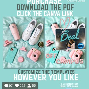 May include: A digital template advertisement featuring a light blue background with text reading PURCHASE DOWNLOAD THE PDF CLICK THE CANVA LINK. The image displays a pink tumbler, white sneakers, a cactus, a pink hair clip, a light blue phone case, and a pink camera.