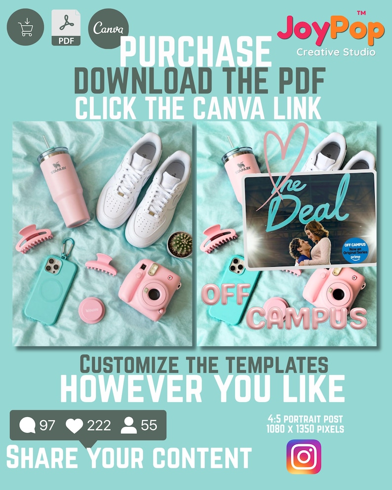 May include: A digital template advertisement featuring a light blue background with text reading PURCHASE DOWNLOAD THE PDF CLICK THE CANVA LINK. The image displays a pink tumbler, white sneakers, a cactus, a pink hair clip, a light blue phone case, and a pink camera.