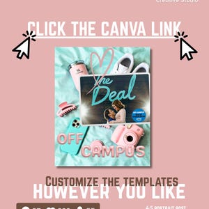 May include: A digital template advertisement featuring a pink background with the text JoyPop Creative Studio, Click the Canva Link, and Customize the Templates However You Like. The central graphic displays a book cover titled The Deal with a light blue background, a pink tumbler, a pink hair claw, a light blue phone case, white sneakers, and a pink instant camera.