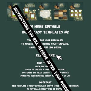 May include: A digital instruction sheet for Canva templates featuring a dark green background with five small preview images of fantasy-themed book layouts at the top. The text includes JOYPOPCREATIVESTUDIO, ROMANCE FANTASY TEMPLATES #2, and instructions for accessing and customising the templates via a link.