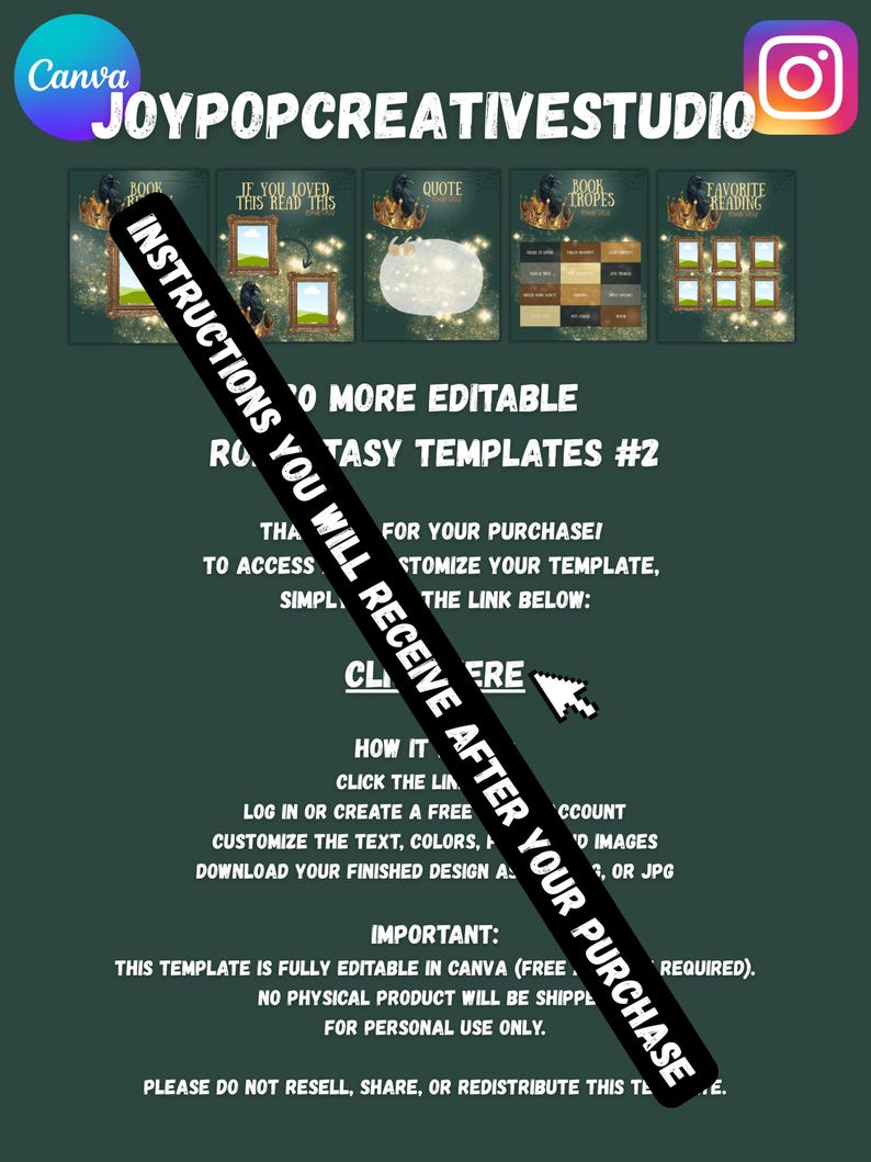 May include: A digital instruction sheet for Canva templates featuring a dark green background with five small preview images of fantasy-themed book layouts at the top. The text includes JOYPOPCREATIVESTUDIO, ROMANCE FANTASY TEMPLATES #2, and instructions for accessing and customising the templates via a link.