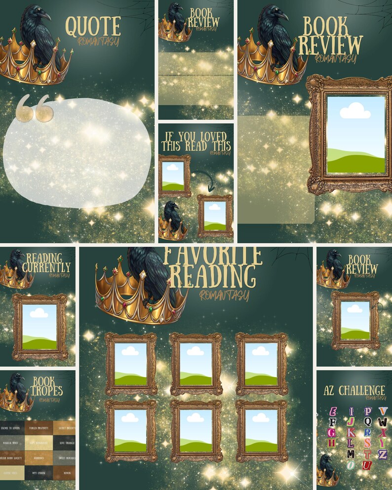 May include: A digital template set for book tracking featuring a dark green background with gold sparkles, ornate gold crowns, black ravens, and vintage-style picture frames. Text includes Quote, Book Review, Reading Currently, and Favorite Reading.