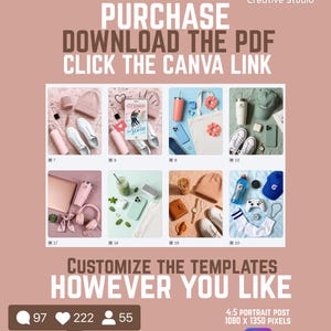 May include: A digital template display featuring eight distinct lifestyle photography grids. Text includes PURCHASE DOWNLOAD THE PDF CLICK THE CANVA LINK, JoyPop Creative Studio, CUSTOMIZE THE TEMPLATES HOWEVER YOU LIKE, and 4:5 PORTRAIT POST 1080 x 1350 pixels.