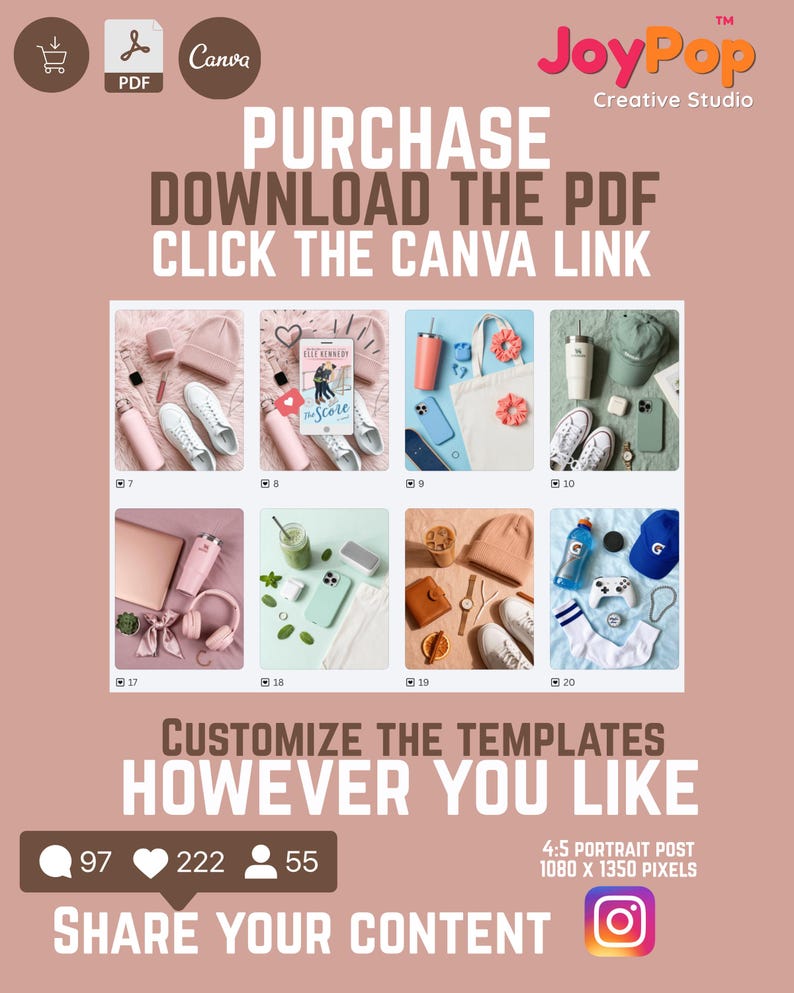 May include: A digital template display featuring eight distinct lifestyle photography grids. Text includes PURCHASE DOWNLOAD THE PDF CLICK THE CANVA LINK, JoyPop Creative Studio, CUSTOMIZE THE TEMPLATES HOWEVER YOU LIKE, and 4:5 PORTRAIT POST 1080 x 1350 pixels.