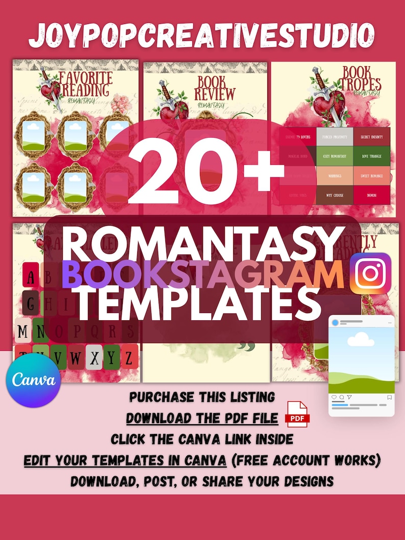 Romantasy Canva-mallar 20+ redigerbara designer booktok innehållsskaparkit #2 bild 1