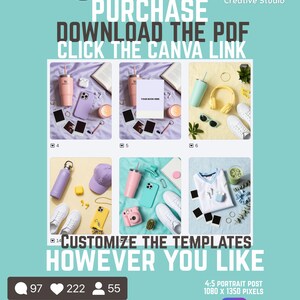 May include: A digital marketing template set by JoyPop Creative Studio featuring six distinct lifestyle photography layouts. Each layout displays various items like tumblers, sneakers, tech accessories, and apparel on colored backgrounds for social media.