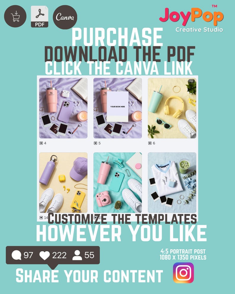May include: A digital marketing template set by JoyPop Creative Studio featuring six distinct lifestyle photography layouts. Each layout displays various items like tumblers, sneakers, tech accessories, and apparel on colored backgrounds for social media.