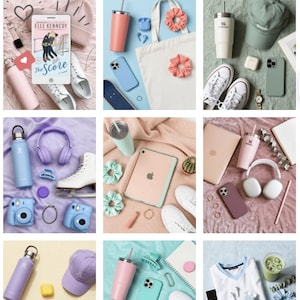 May include: A collection of lifestyle items including a tumbler, white sneakers, a pink instant camera, a smartphone, a book titled The Deal, a laptop, headphones, a tote bag, a baseball cap, a tablet, and various accessories arranged in a grid.