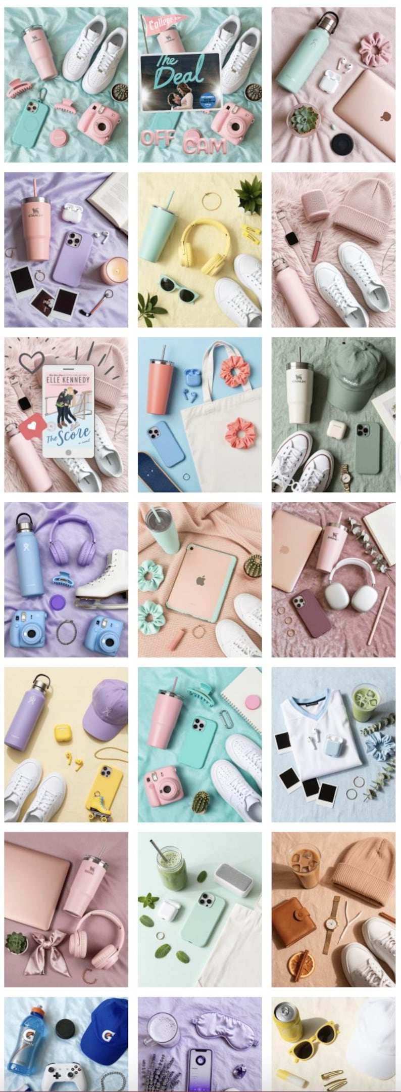 May include: A collection of lifestyle items including a tumbler, white sneakers, a pink instant camera, a smartphone, a book titled The Deal, a laptop, headphones, a tote bag, a baseball cap, a tablet, and various accessories arranged in a grid.