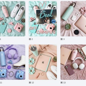 May include: A collection of six flat-lay images featuring various lifestyle accessories including pastel-colored tumblers, instant cameras, smartphones, wireless headphones, laptops, tablets, sneakers, ice skates, and hair scrunchies arranged on fabric.