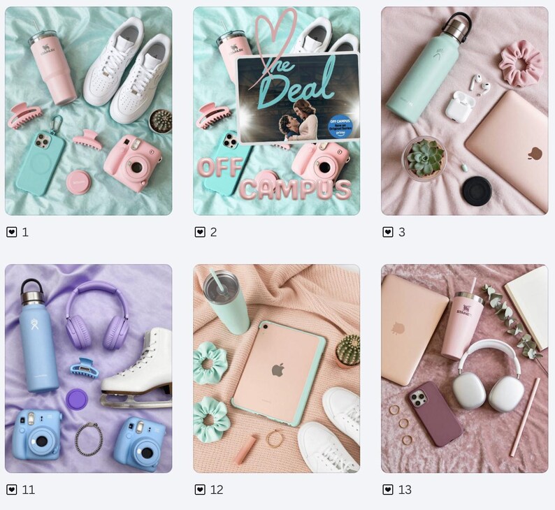 May include: A collection of six flat-lay images featuring various lifestyle accessories including pastel-colored tumblers, instant cameras, smartphones, wireless headphones, laptops, tablets, sneakers, ice skates, and hair scrunchies arranged on fabric.