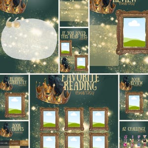 May include: A digital template set for book tracking featuring a dark green background with gold sparkles, ornate gold crowns, black ravens, and vintage-style picture frames. Text includes Quote, Book Review, Reading Currently, and Favorite Reading.