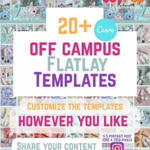 May include: A digital collection of 20+ Off Campus flatlay templates for Canva, featuring a collage of book covers, cameras, and lifestyle accessories. The graphic includes the text JoyPop Creative Studio, 4:5 portrait post 1080 x 1350 pixels.