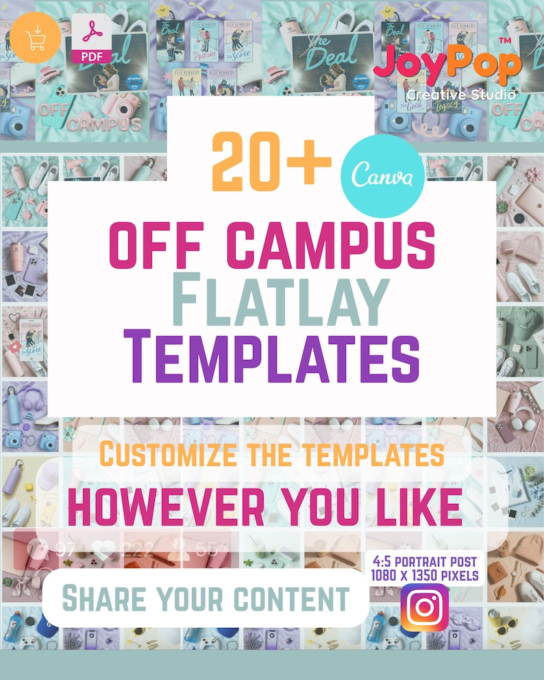 May include: A digital collection of 20+ Off Campus flatlay templates for Canva, featuring a collage of book covers, cameras, and lifestyle accessories. The graphic includes the text JoyPop Creative Studio, 4:5 portrait post 1080 x 1350 pixels.