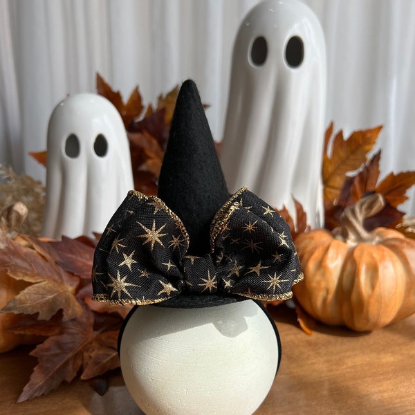 Magic Sparkles Black Double Bow Witch Hat Headband|Halloween Costume|Choose Black Nylon or Hard Plastic Satin Headband