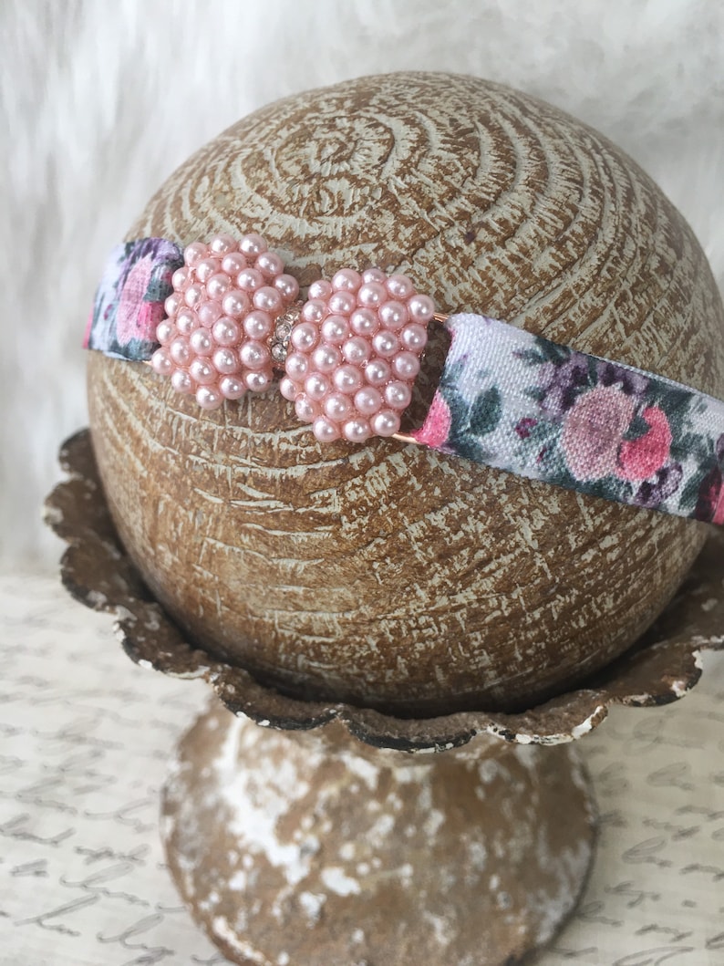 Antiqued Pearl Rose Gold Baby Girl Bow Headband|Newborn Headband|Planners /& Journals|Bohemian|Photography Props|Adjustable Headband