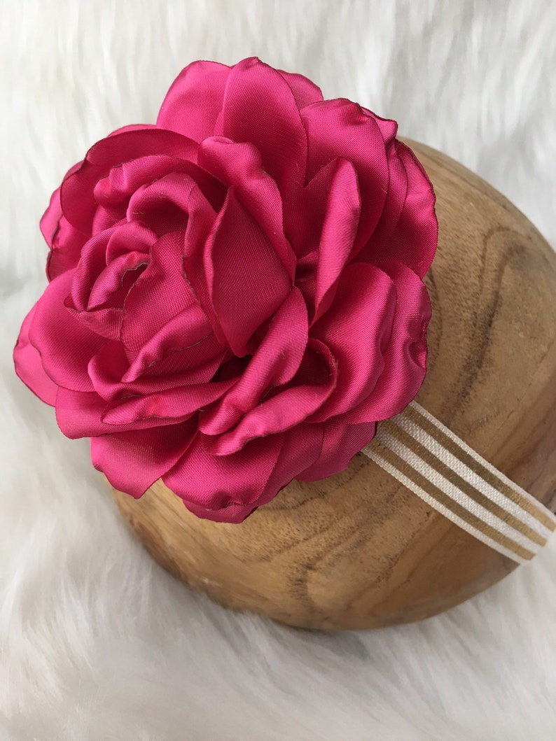 Hair Accessory|Satin Rose Headband Gold Striped Headband|Baby Girl Headband|Red Magenta Rose|Vintage Circus|Photography Prop|Infant Toddler
