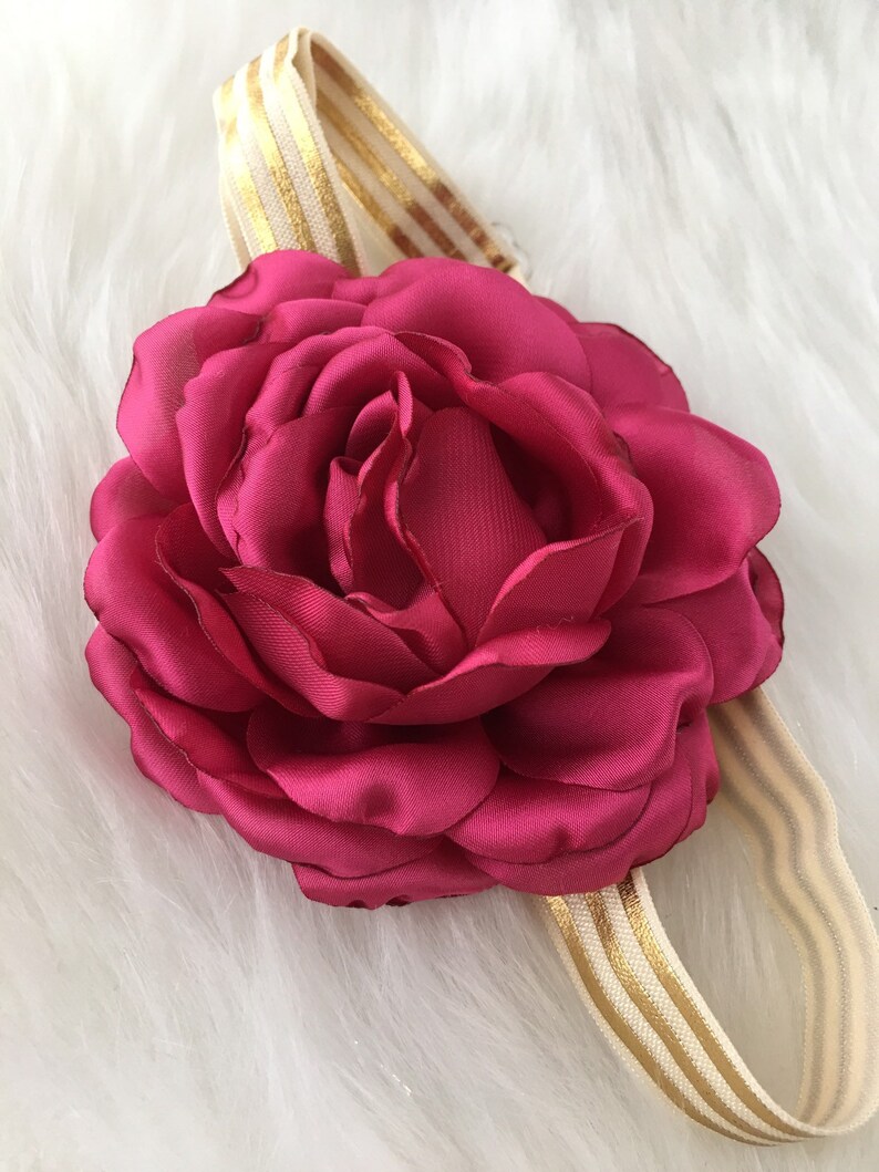 Hair Accessory|Satin Rose Headband Gold Striped Headband|Baby Girl Headband|Red Magenta Rose|Vintage Circus|Photography Prop|Infant Toddler