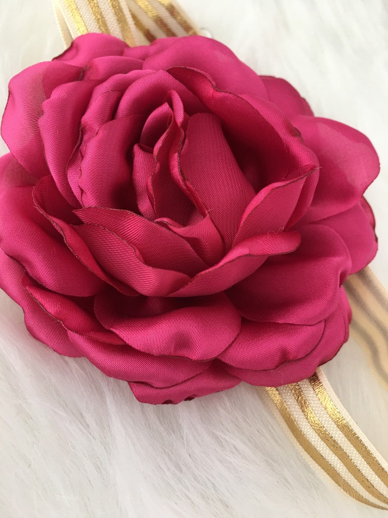 Hair Accessory|Satin Rose Headband Gold Striped Headband|Baby Girl Headband|Red Magenta Rose|Vintage Circus|Photography Prop|Infant Toddler