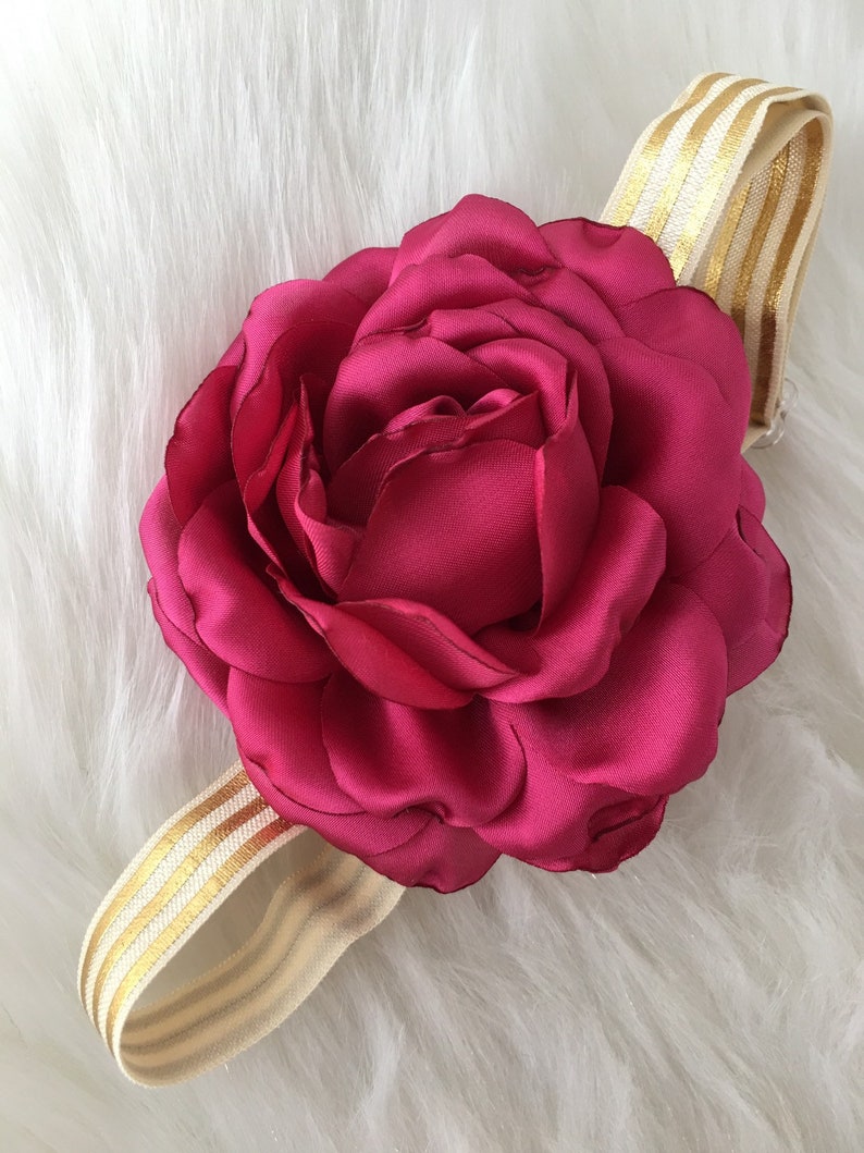 Hair Accessory|Satin Rose Headband Gold Striped Headband|Baby Girl Headband|Red Magenta Rose|Vintage Circus|Photography Prop|Infant Toddler