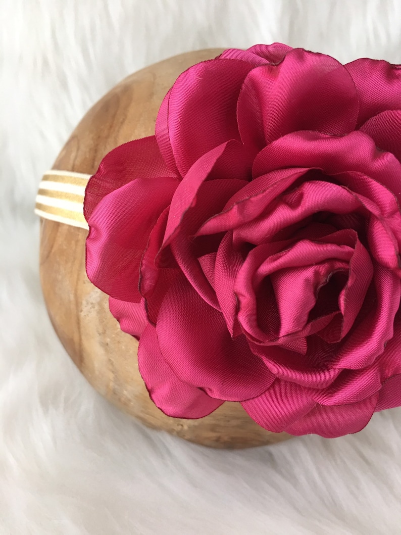 Hair Accessory|Satin Rose Headband Gold Striped Headband|Baby Girl Headband|Red Magenta Rose|Vintage Circus|Photography Prop|Infant Toddler