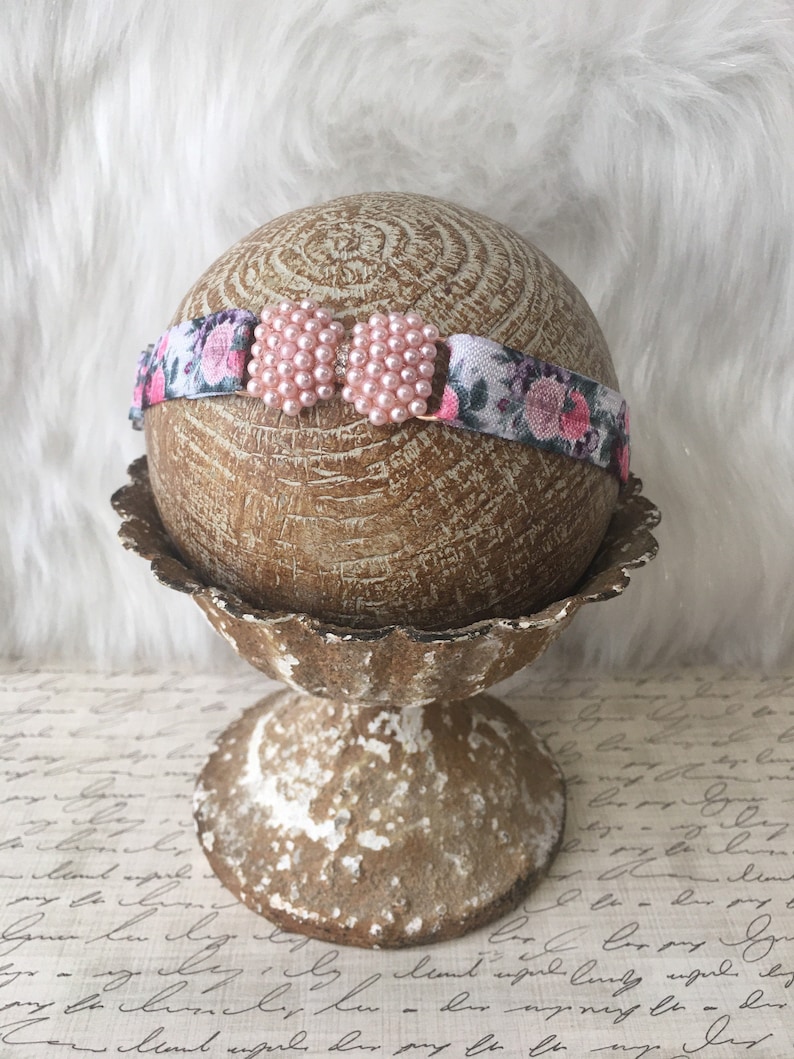 Antiqued Pearl Rose Gold Baby Girl Bow Headband|Newborn Headband|Planners /& Journals|Bohemian|Photography Props|Adjustable Headband