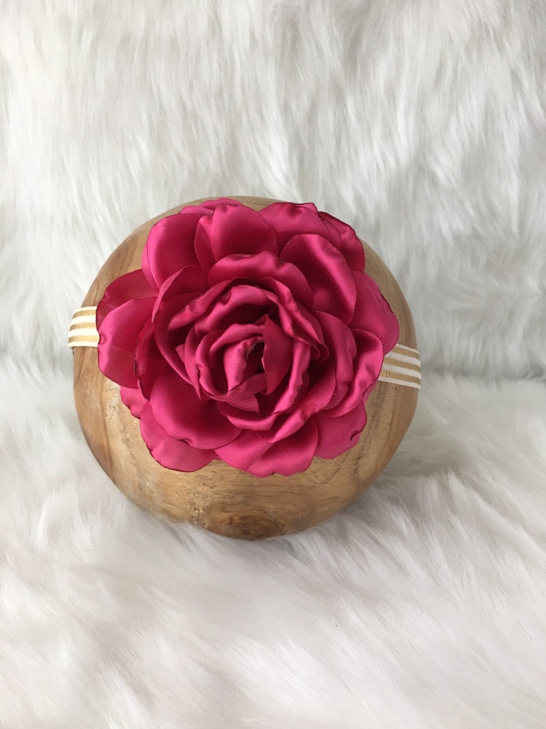 Hair Accessory|Satin Rose Headband Gold Striped Headband|Baby Girl Headband|Red Magenta Rose|Vintage Circus|Photography Prop|Infant Toddler