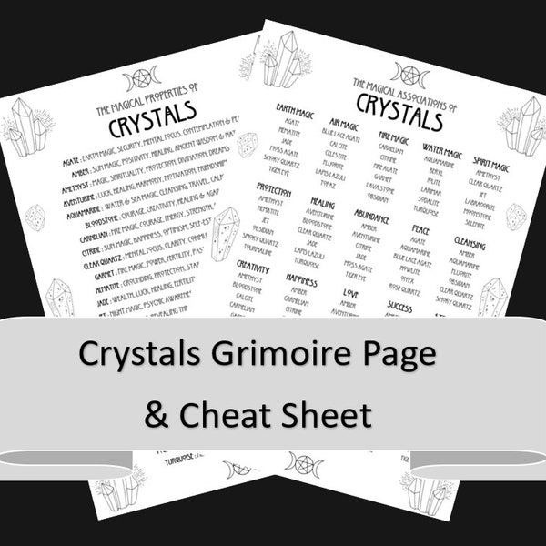 Magical Properties of Crystals Grimoire Page, Plus Handy Cheat Sheet. Witch, Pagan, Druid, Witchy, Printables, Book of Shadows, Crystal